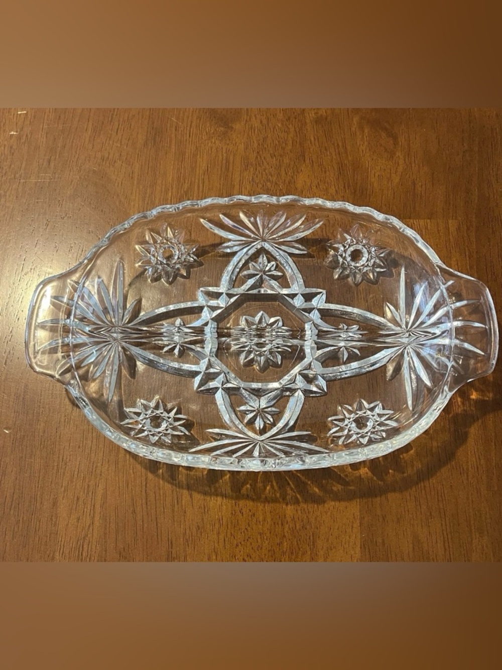 Cut Crystal Condiment Serving Dish Clear Glass Divided with Handles